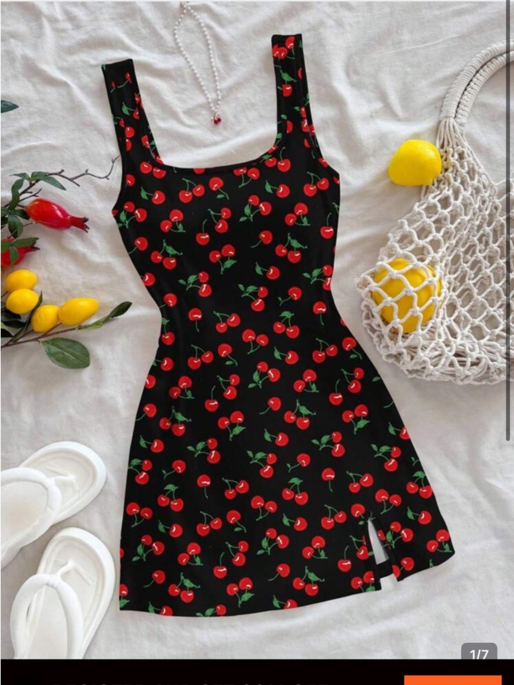 SHEIN Black Red Cherry Print Sleeveless Dress